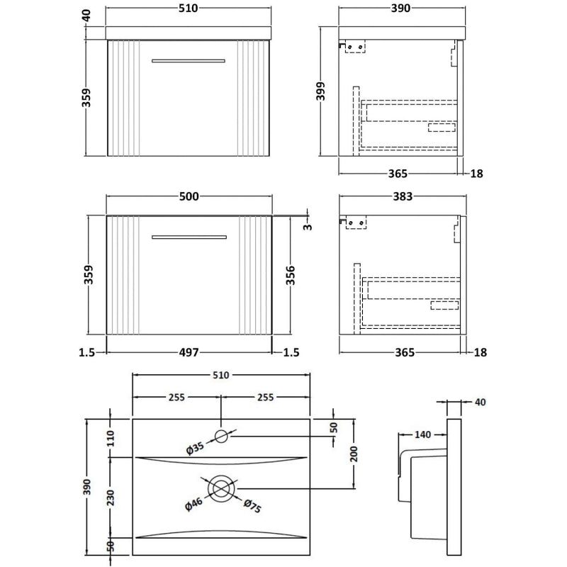 Crawford Deco Wall Hung 1-Drawer Vanity Unit with Basin-1 500mm Wide - Satin Blue