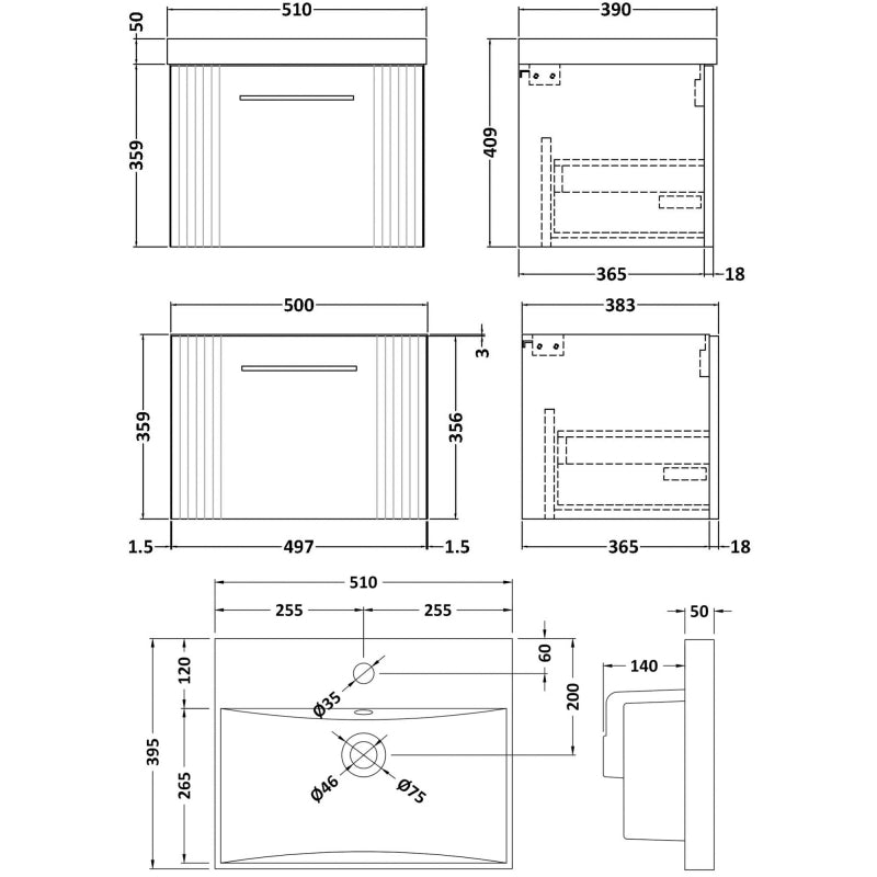 Crawford Deco Wall Hung 1-Drawer Vanity Unit with Basin-3 500mm Wide - Satin Grey