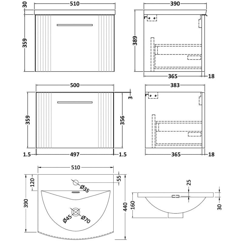 Crawford Deco Wall Hung 1-Drawer Vanity Unit with Basin-4 500mm Wide - Satin Anthracite