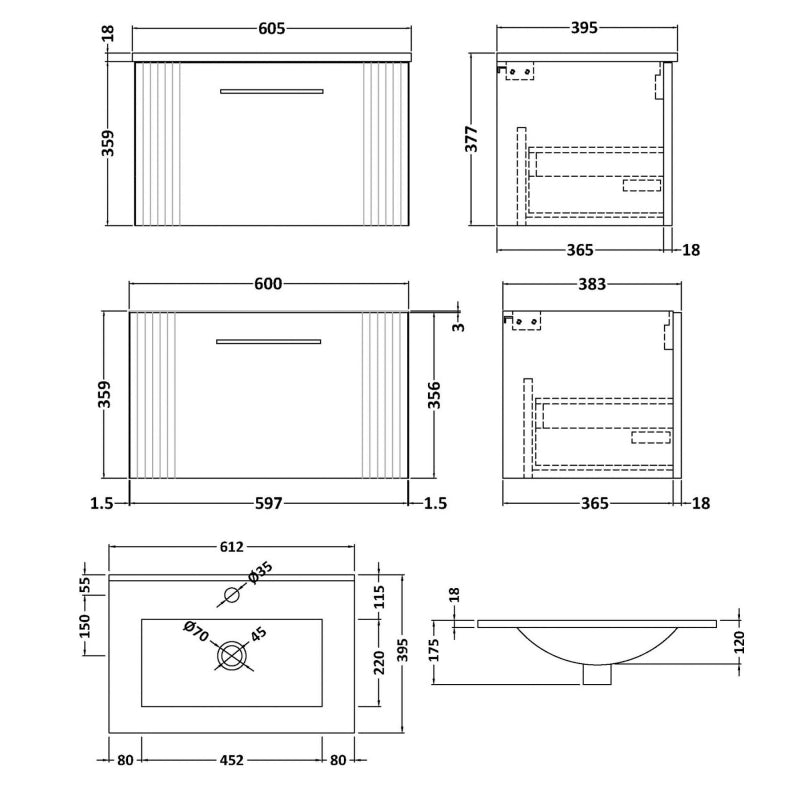 Crawford Deco Wall Hung 1-Drawer Vanity Unit with Basin-2 600mm Wide - Satin Grey