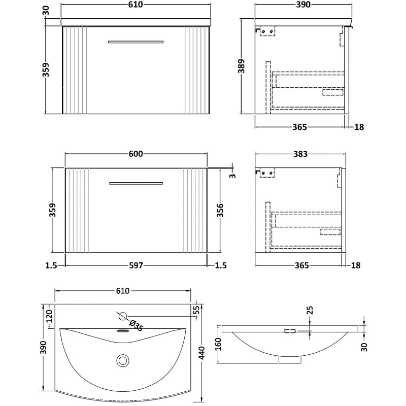 Crawford Deco Wall Hung 1-Drawer Vanity Unit with Basin-4 600mm Wide - Satin Green