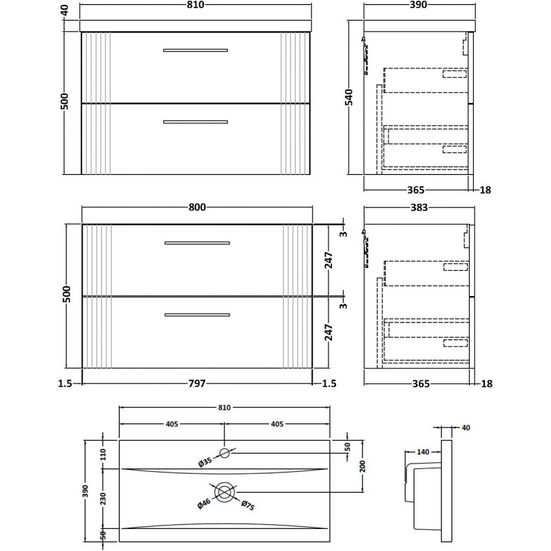 Crawford Deco Wall Hung 2-Drawer Vanity Unit with Basin-1 800mm Wide - Satin Grey