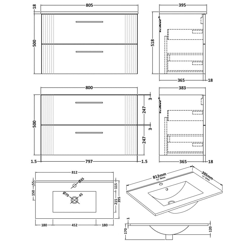 Crawford Deco Wall Hung 2-Drawer Vanity Unit with Basin-2 800mm Wide - Satin Grey