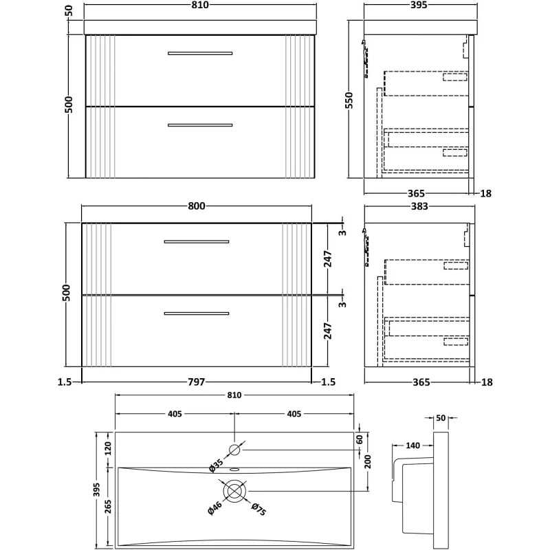 Crawford Deco Wall Hung 2-Drawer Vanity Unit with Basin-3 800mm Wide - Satin Grey