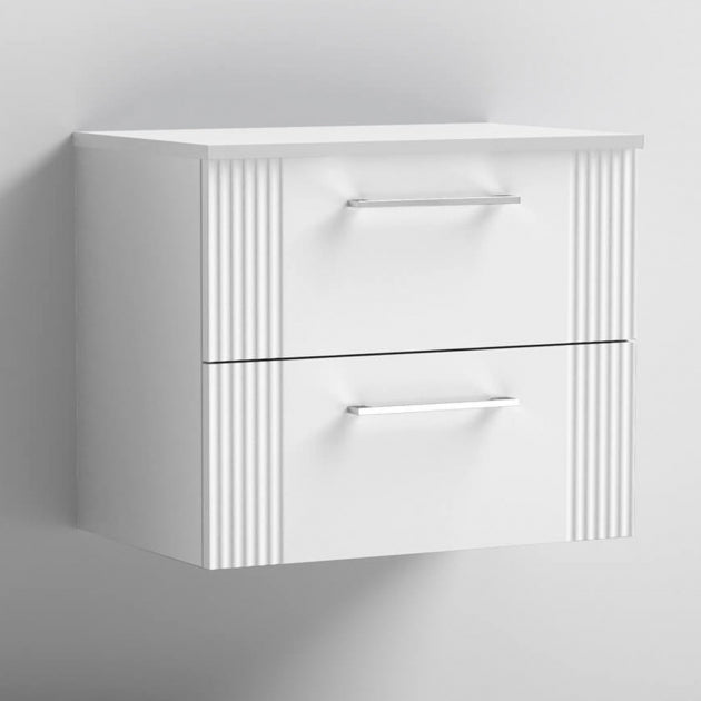 Crawford Deco Wall Hung 2-Drawer Vanity Unit with Worktop 600mm Wide - Satin White