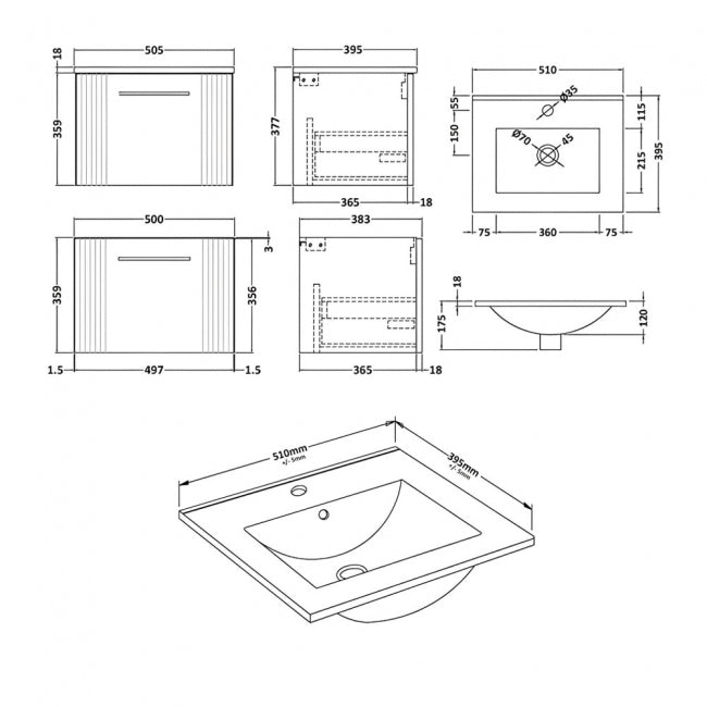 Crawford Deco Wall Hung 1-Drawer Vanity Unit with Basin-2 500mm Wide - Satin Anthracite