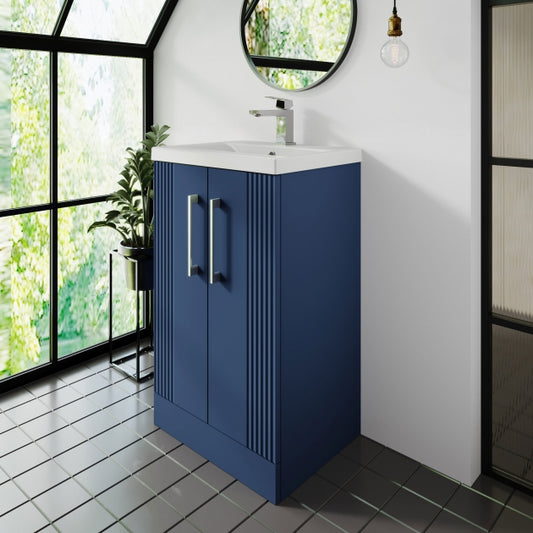 Crawford Deco Floor Standing 2-Door Vanity Unit with Basin-2 500mm Wide - Satin Blue