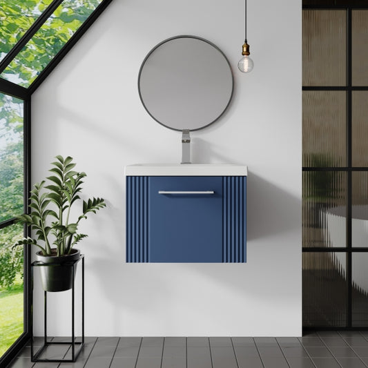 Crawford Deco Wall Hung 1-Drawer Vanity Unit with Basin-4 500mm Wide - Satin Blue