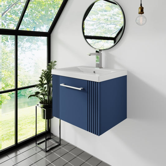 Crawford Deco Wall Hung 1-Drawer Vanity Unit with Basin-1 500mm Wide - Satin Blue