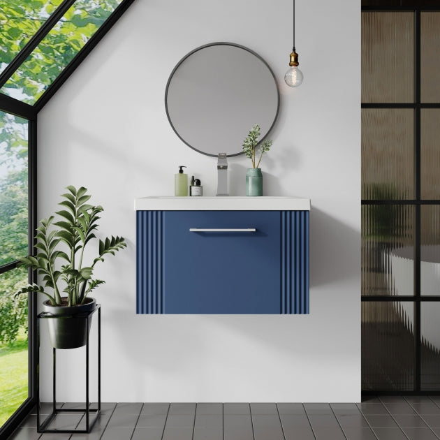 Crawford Deco Wall Hung 1-Drawer Vanity Unit with Basin-1 600mm Wide - Satin Blue