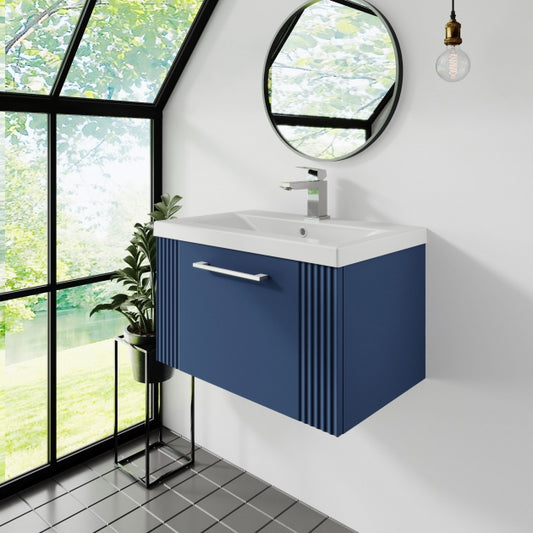 Crawford Deco Wall Hung 1-Drawer Vanity Unit with Basin-2 600mm Wide - Satin Blue