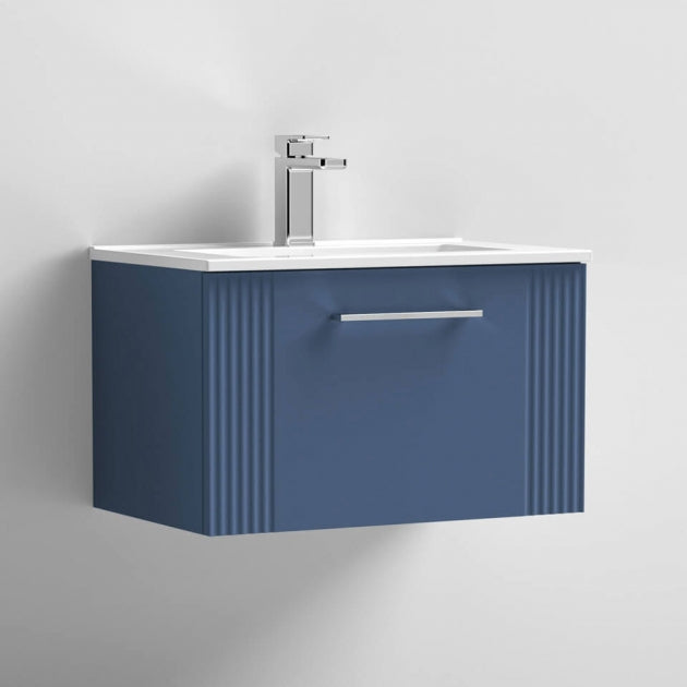 Crawford Deco Wall Hung 1-Drawer Vanity Unit with Basin-2 600mm Wide - Satin Blue