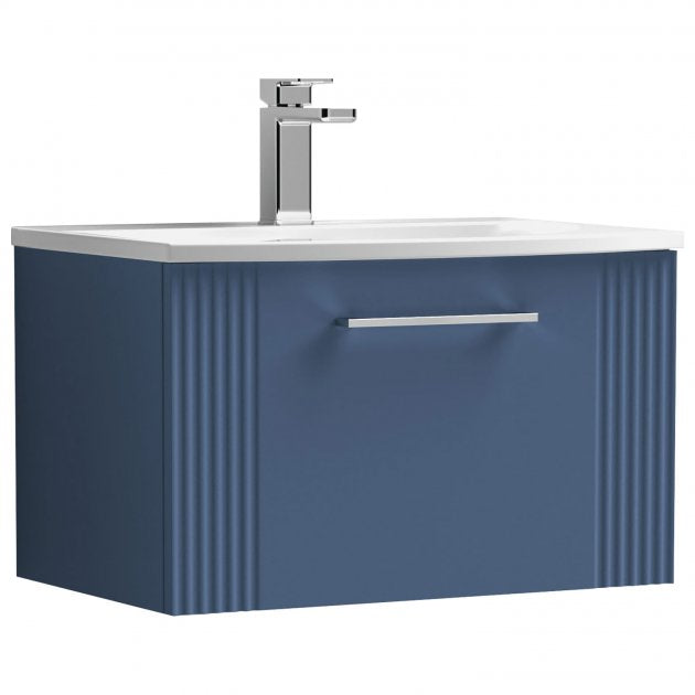 Crawford Deco Wall Hung 1-Drawer Vanity Unit with Basin-4 600mm Wide - Satin Blue