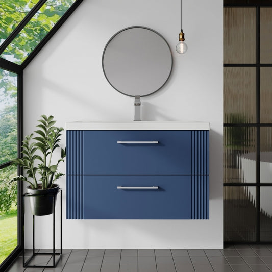 Crawford Deco Wall Hung 2-Drawer Vanity Unit with Basin-3 800mm Wide - Satin Blue