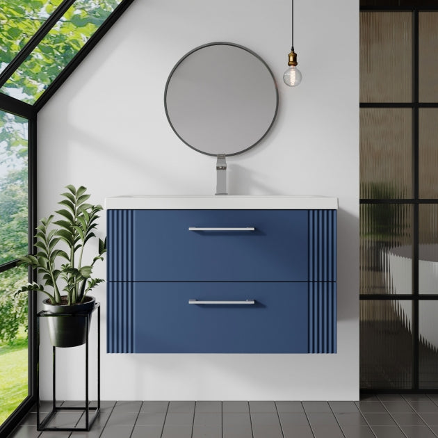 Crawford Deco Wall Hung 2-Drawer Vanity Unit with Basin-1 800mm Wide - Satin Blue