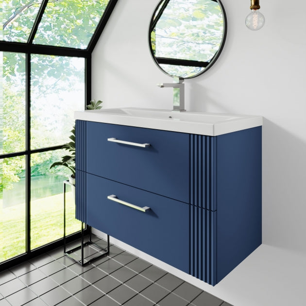 Crawford Deco Wall Hung 2-Drawer Vanity Unit with Basin-1 800mm Wide - Satin Blue