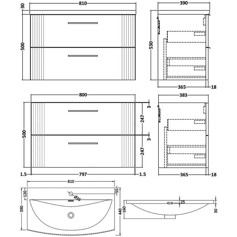 Crawford Deco Wall Hung 2-Drawer Vanity Unit with Basin-4 800mm Wide - Satin White