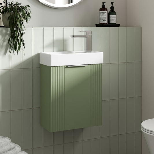 Crawford Deco Compact Wall Hung 1-Door Vanity Unit with Basin 400mm Wide - Satin Green