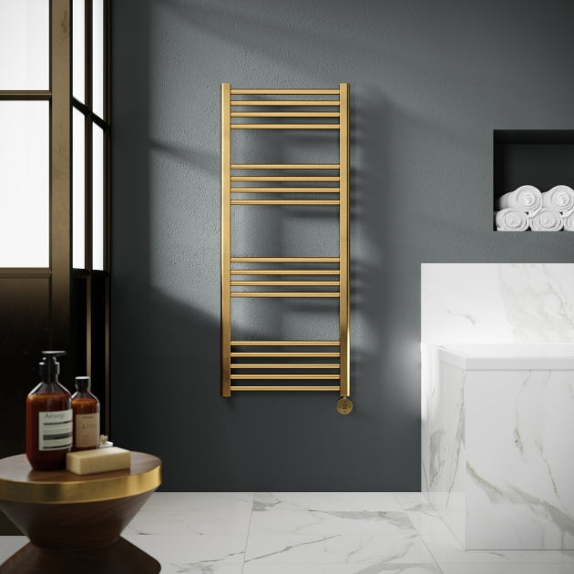 Crawford Round Bar Electric Heated Towel Rail 1200mm H x 500mm W - Brushed Brass