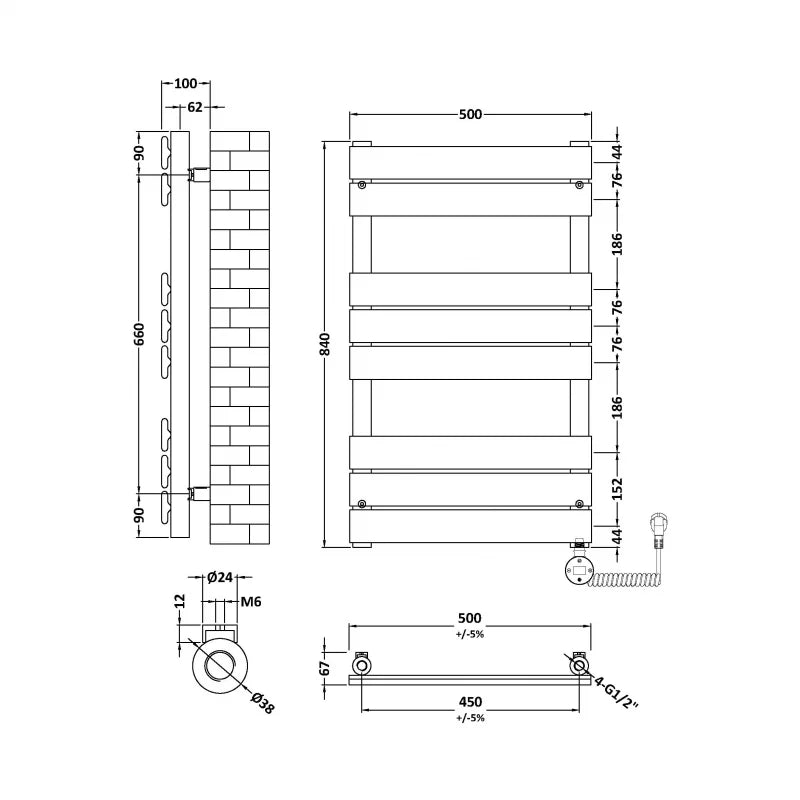 Crawford Flat Panel Electric Towel Rail 840mm H x 500mm W - Anthracite