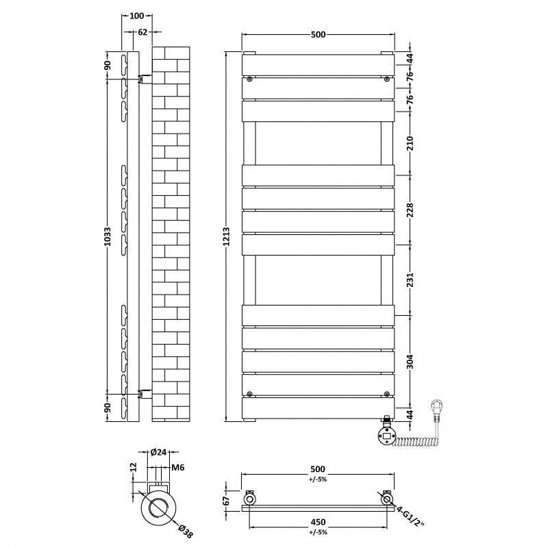 Crawford Flat Panel Electric Towel Rail 1213mm H x 500mm W - Anthracite