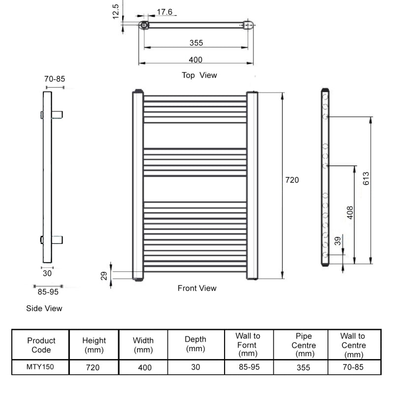 Crawford Round Bar Electric Heated Towel Rail 720mm H x 400mm W - Chrome