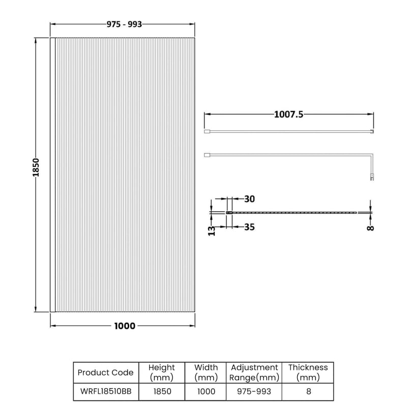 1000x1850 Fluted Wetroom Screen Inc' BAR