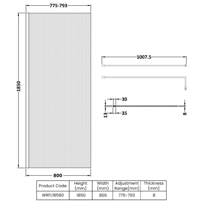 1000mm Fluted Wetroom Screen with Support Bar