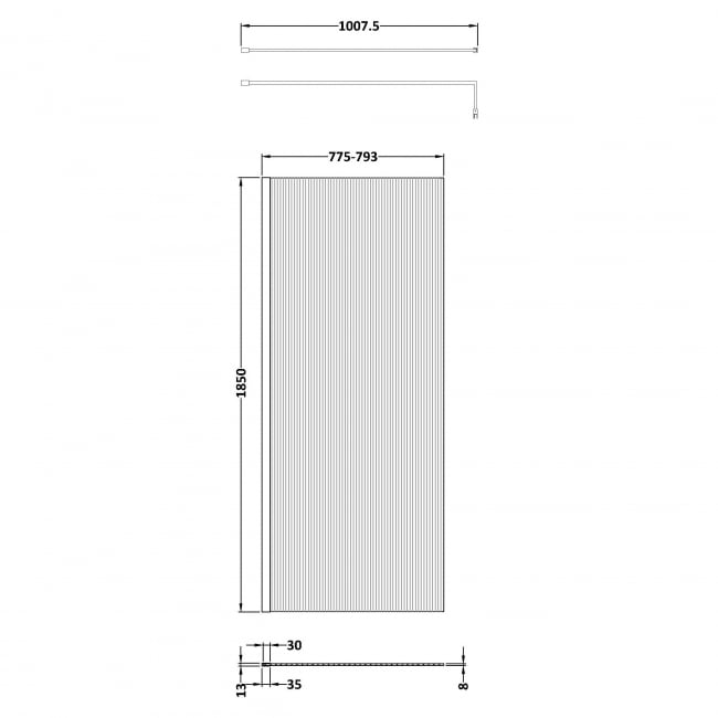 Fluted Wetroom Screen - 1850x800mm - Brushed Pewter