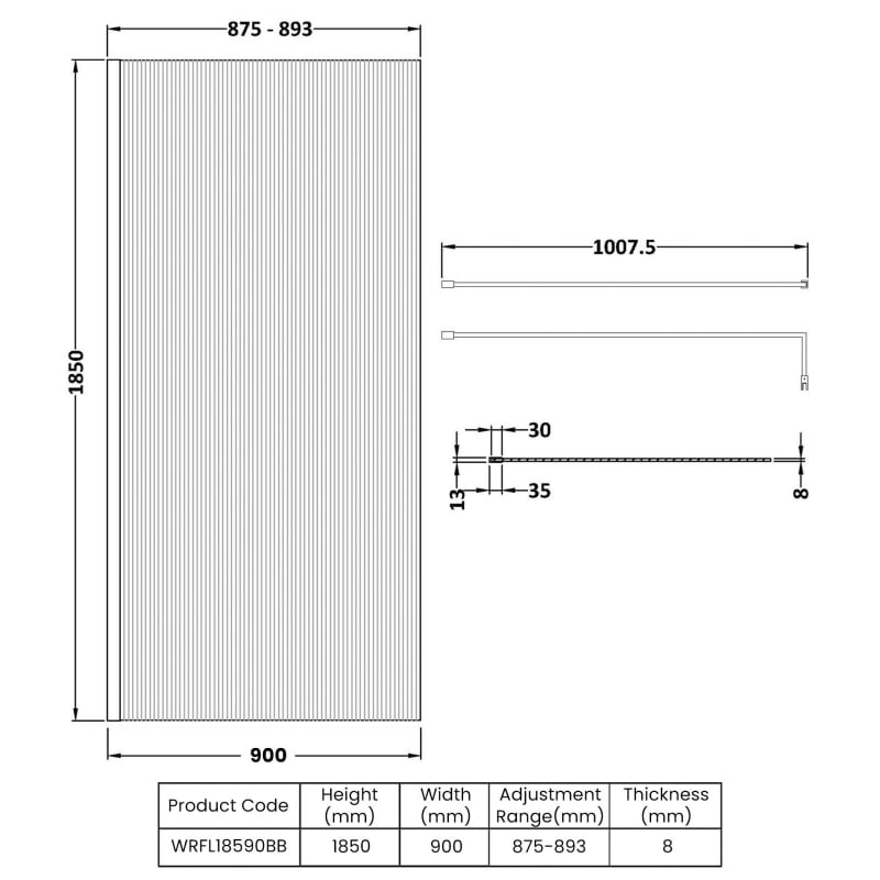 900x1850 Fluted Wetroom Screen Inc' BAR