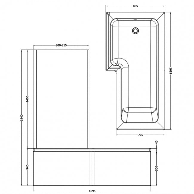 Crawford Square L-Shaped Shower Bath with Front Panel and Screen 1700mm x 700mm/850mm - Left Handed (inc Leg Set)