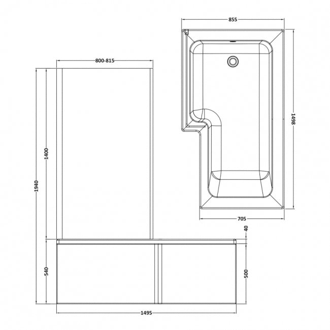 Crawford Square L-Shaped Shower Bath with Front Panel and Screen 1500mm x 700mm/850mm - Left Handed (inc Leg Set)