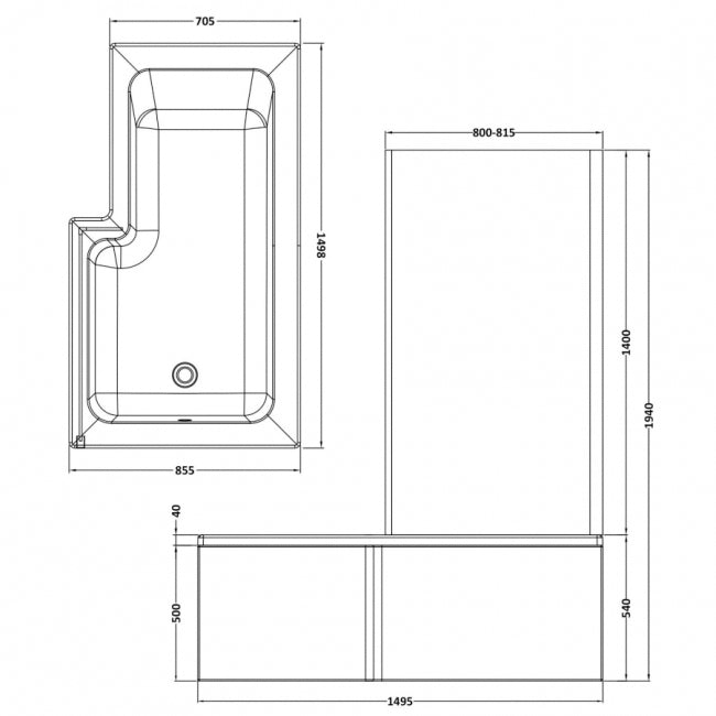 Crawford Square L-Shaped Shower Bath with Front Panel and Screen 1500mm x 700mm/850mm - Right Handed