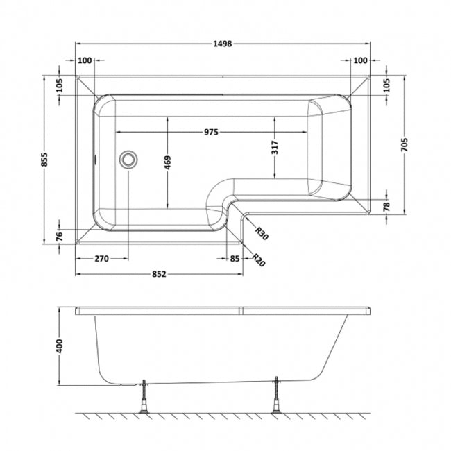 Crawford Square L-Shaped Shower Bath 1500mm x 700mm/850mm - Left Handed (inc Leg Set)