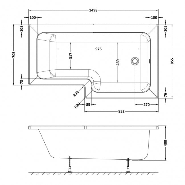 Crawford Square L-Shaped Shower Bath 1500mm x 700mm/850mm - Right Handed