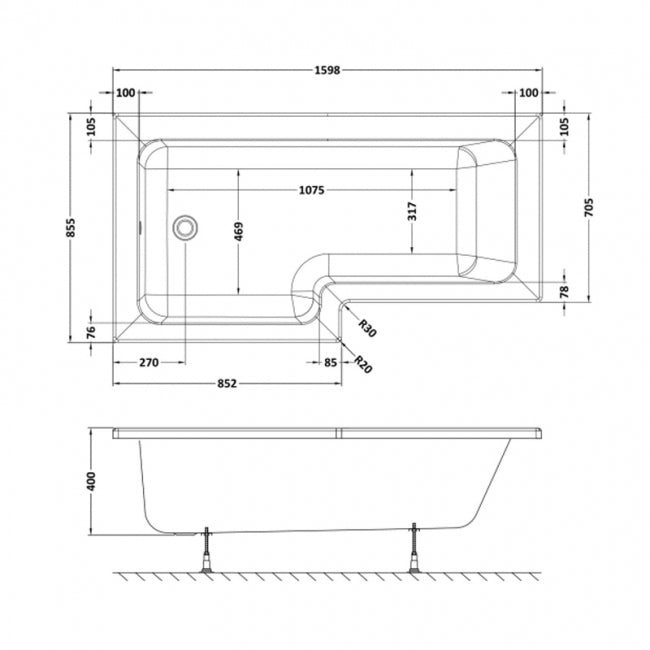 Crawford Square L-Shaped Shower Bath 1600mm x 700mm/850mm - Left Handed (inc Leg Set)