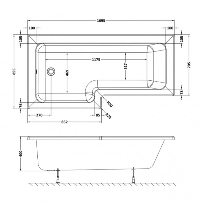 Crawford Square L-Shaped Shower Bath 1700mm x 700mm/850mm - Left Handed (inc Leg Set)