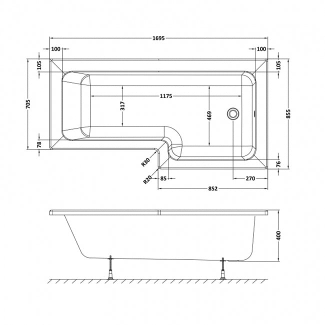 Crawford Square L-Shaped Shower Bath 1700mm x 700mm/850mm - Right Handed (inc Leg Set)