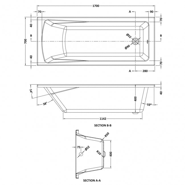 Eternalite Square Single Ended Bath 1700 x 700mm