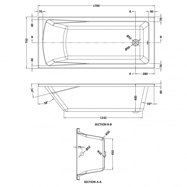 Eternalite Square Single Ended Bath 1700 x 750mm