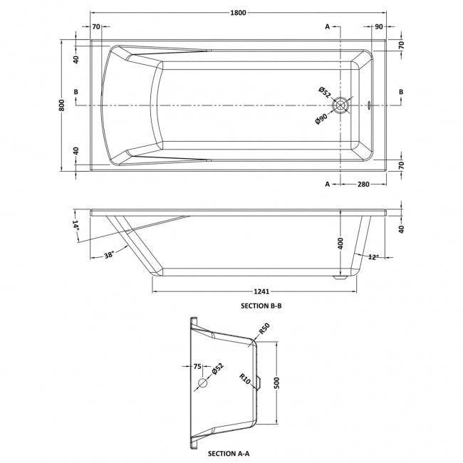 Eternalite Square Single Ended Bath 1800 x 800mm