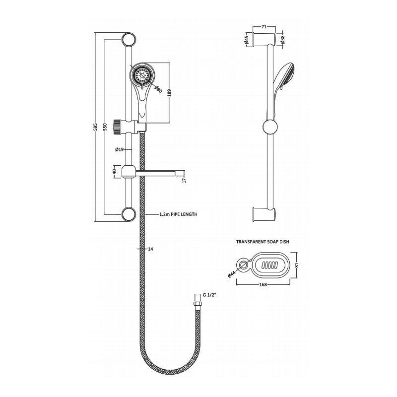 Crawford Modern Shower Slider Rail Kit 600mm High - Chrome