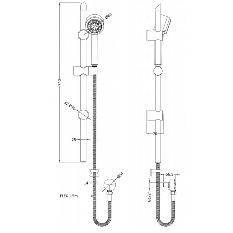 Crawford Modern Shower Slider Rail Kit 820mm High - Chrome