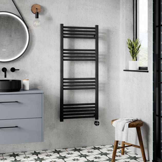 Crawford Round Bar Electric Heated Towel Rail 1200mm H x 500mm W - Matt Black