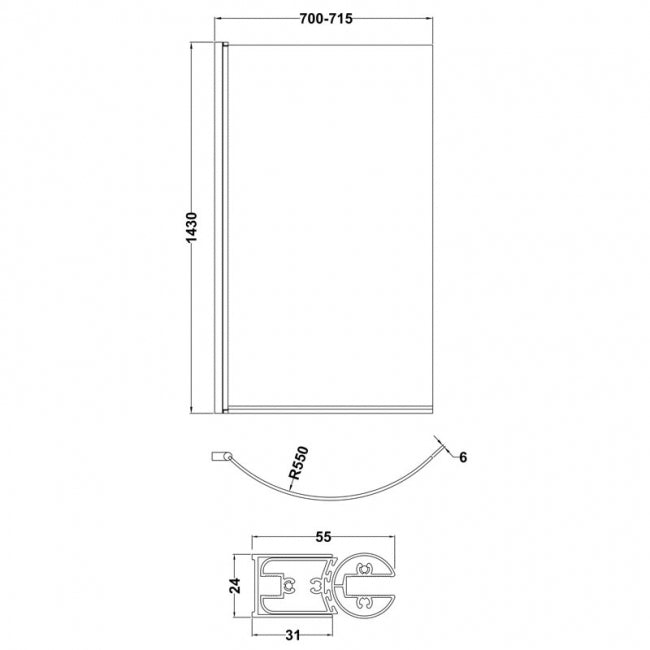 Crawford Curved P-Shaped Hinged Bath Screen 1433mm H x 715mm W - 6mm Glass