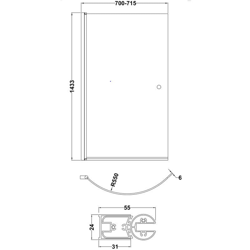 Crawford Curved P-Shaped Hinged Bath Screen with Knob 1433mm H x 715mm W - 6mm Glass