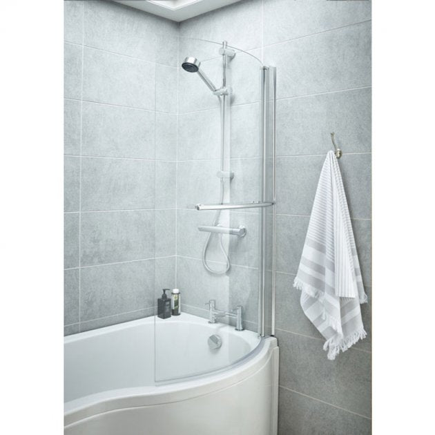 Crawford Curved P-Shaped Hinged Bath Screen with Towel Bar 1430mm H x 715mm W - 6mm Glass