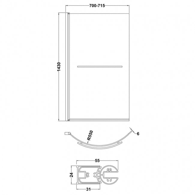 Crawford Curved P-Shaped Hinged Bath Screen with Towel Bar 1430mm H x 715mm W - 6mm Glass