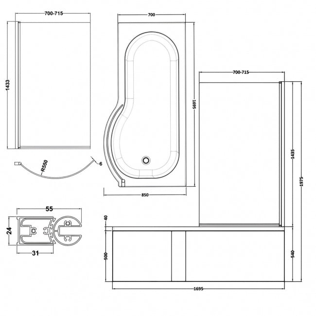 Crawford P-Shaped Shower Bath with Front Panel and Screen 1700mm x 700mm/850mm - Right Handed