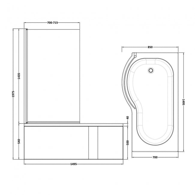 Crawford P-Shaped Shower Bath with Front Panel and Screen 1500mm x 700mm/850mm - Left Handed